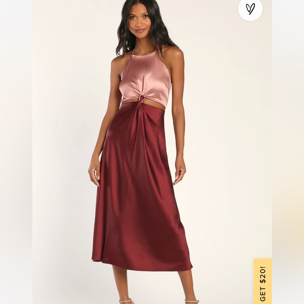 Lulu’s Pink and Dark Red Satin Halter Midi Dress